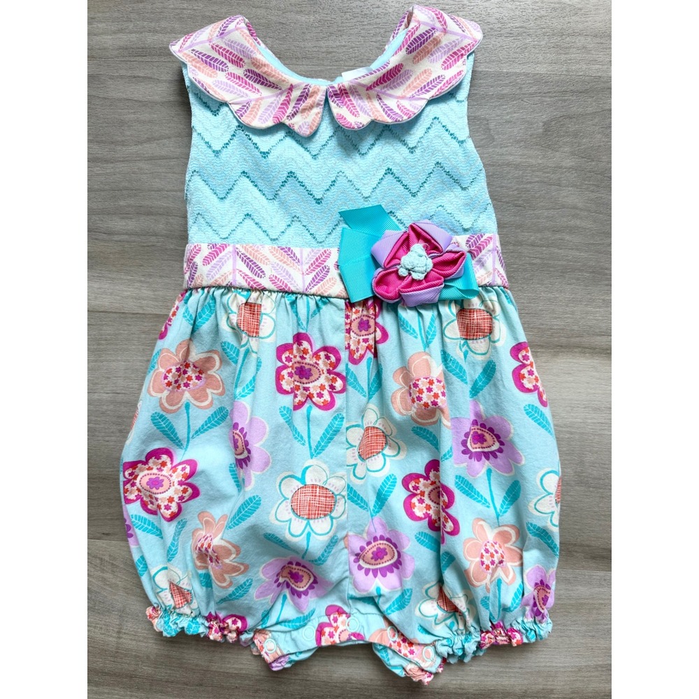 Counting Daisies Girls Floral Bubble Romper Blue Pink Lace Bodice 18M